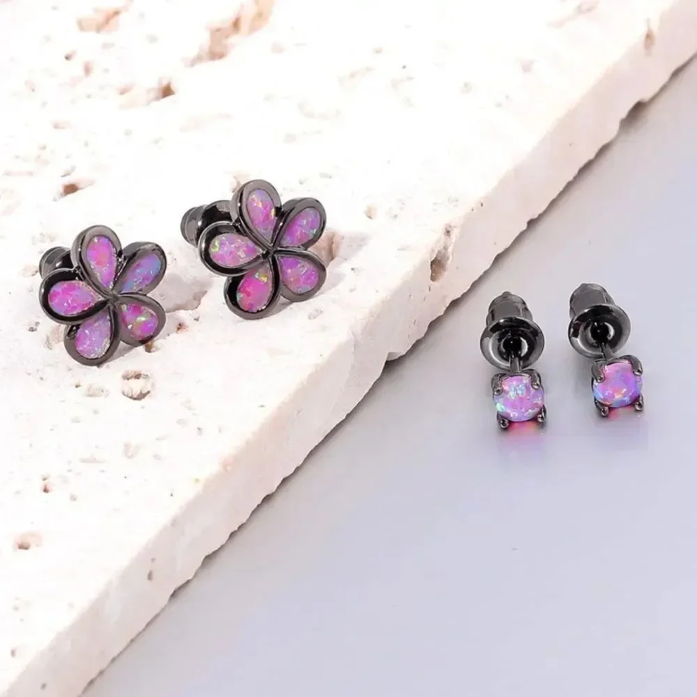 14K Black Gold with Genuine Purple Fire Opal Flower Post Stud Earrings Set of 2